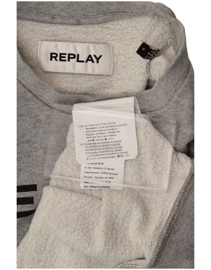 REPLAY Damen Paris Crop Graphic Sweatshirt Pullover UK 10 Small Grau Baumwolle