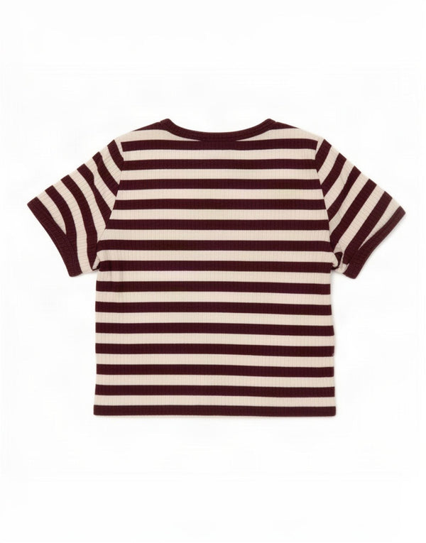 Topshop Damen Crop T-Shirt Top UK 12 Medium Burgunderrot gestreift aus Baumwolle