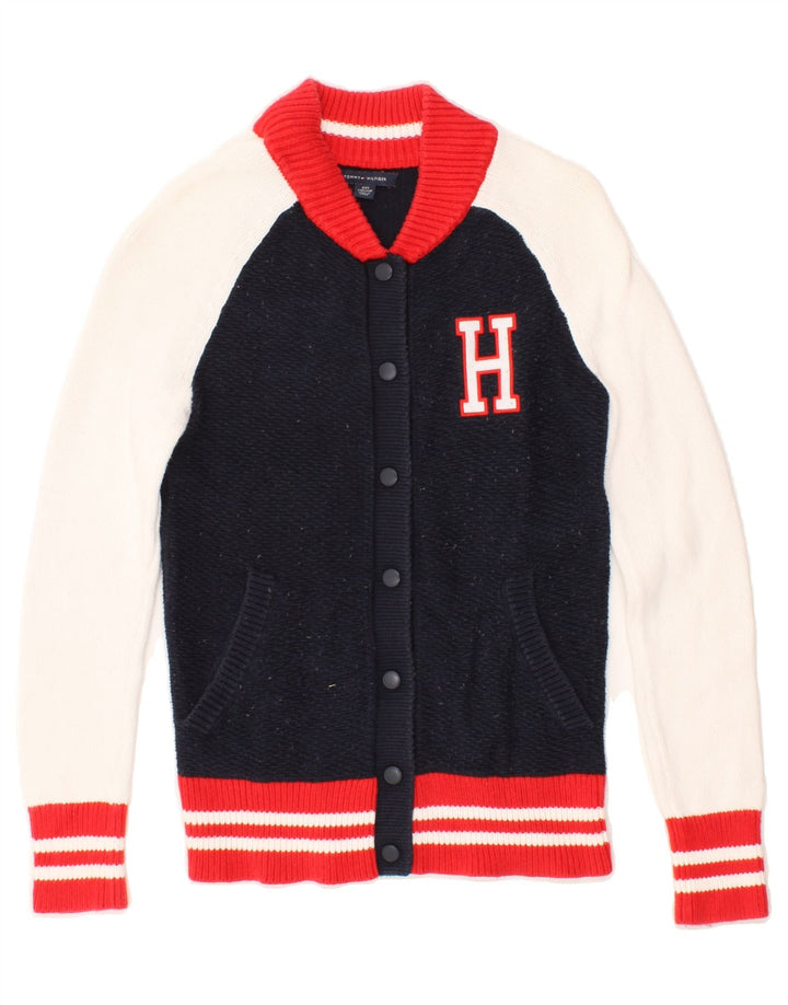TOMMY HILFIGER Womens Graphic Knit Bomber Jacket UK 2 2XS Navy Blue Vintage Tommy Hilfiger and Second-Hand Tommy Hilfiger from Messina Hembry 