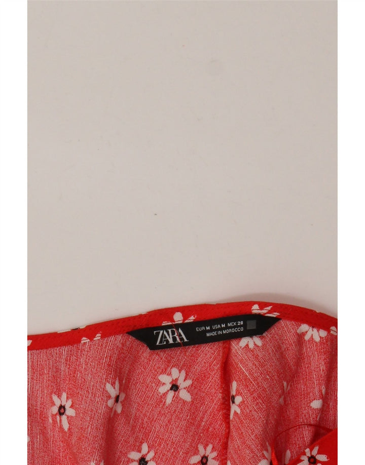 Zara Damen Langarm-Crop-Top mit Bindeband vorne, UK 12, mittelrot, geblümt