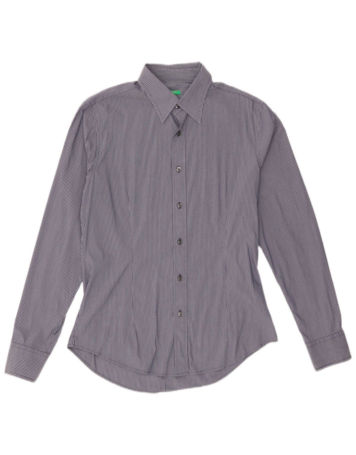 Benetton Herren-Hemd, groß, marineblau, Nadelstreifen-Baumwolle