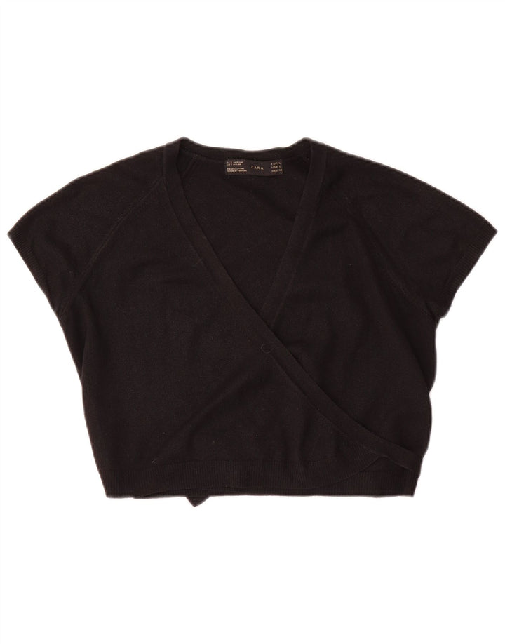 Zara Damen Crop Wrap Bluse Top UK 14 Large Schwarz Acryl