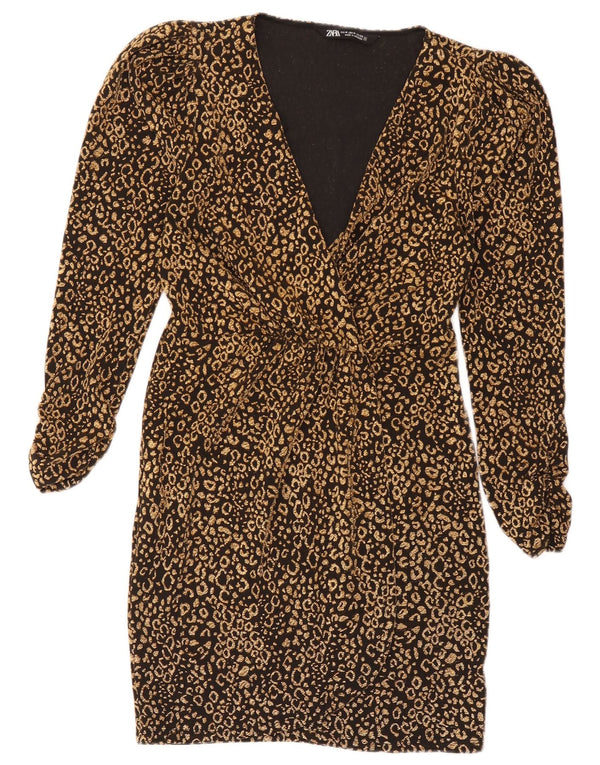 Zara Damen Langarm-Etuikleid UK 12 Medium Schwarz Animal Print