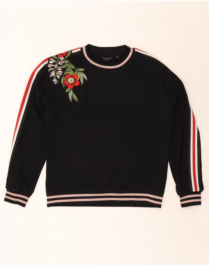 TED BAKER Damen-Sweatshirtpullover UK 14 Mittelschwarzes, geblümtes Polyester