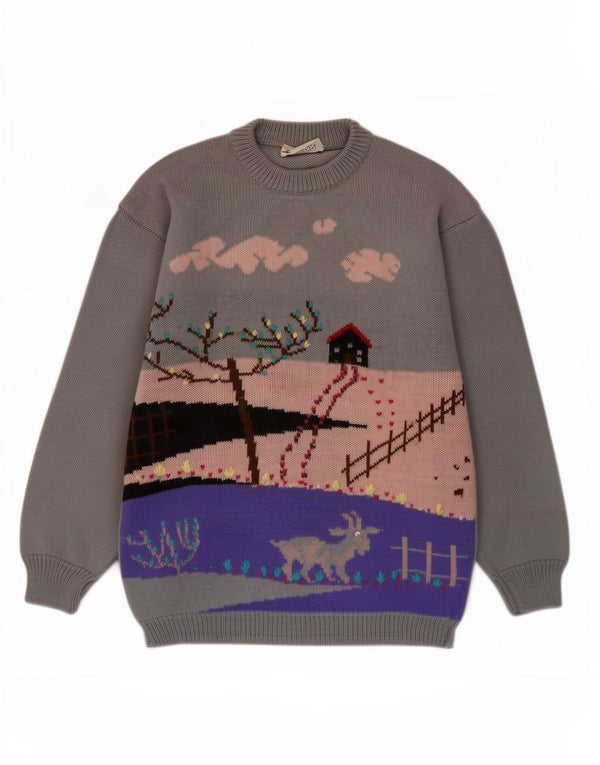 Damart Damen-Pullover mit grafischem Rundhalsausschnitt, UK 14, Größe L, graue Wolle