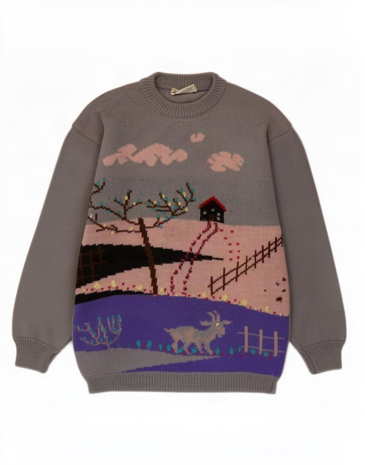 Damart Damen-Pullover mit grafischem Rundhalsausschnitt, UK 14, Größe L, graue Wolle