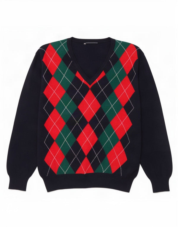 Vintage Herren Pullover mit V-Ausschnitt, groß, marineblau, Argyle/Diamant-Wolle
