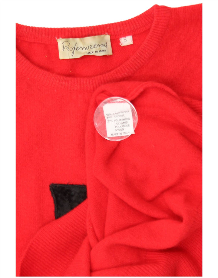 Vintage Damen Pullover mit grafischem Rundhalsausschnitt, Gr. 10, klein, rot, geometrisch