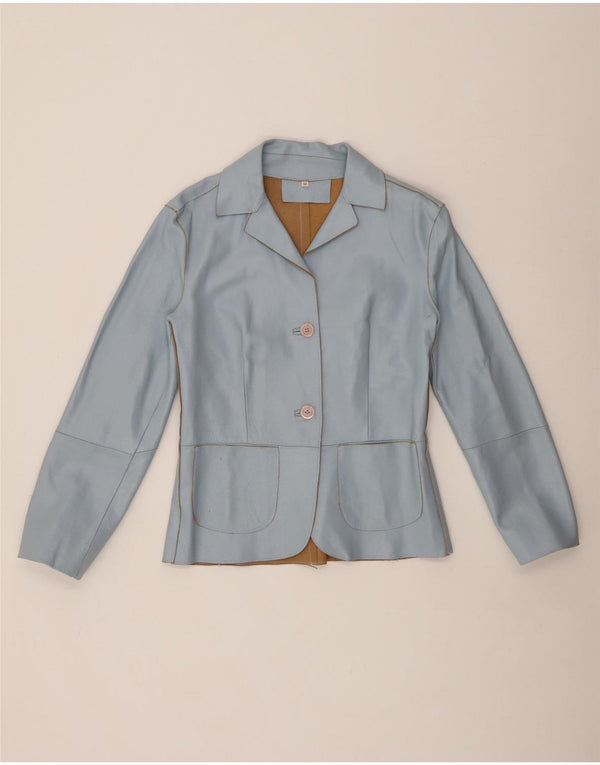VINTAGE Damen 2-Knopf-Lederblazerjacke UK 12 Mittelblau
