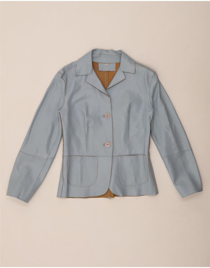 VINTAGE Damen 2-Knopf-Lederblazerjacke UK 12 Mittelblau