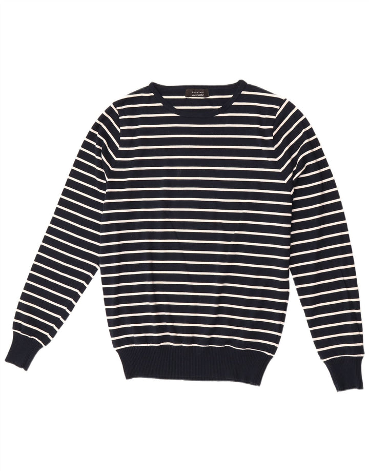 Zara Herren-Pullover mit Rundhalsausschnitt, mittlere marineblaue gestreifte Baumwolle