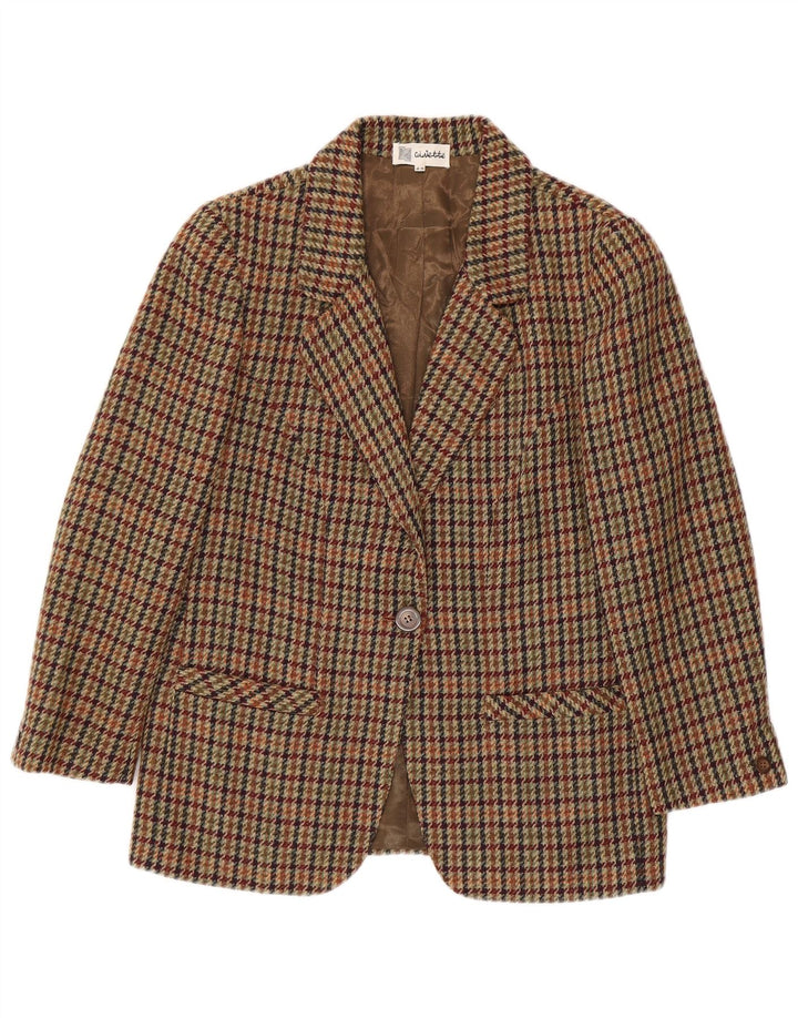 Vintage Damen 1 Knopf Blazer Jacke IT 42 Mittelbraune Hahnentrittwolle