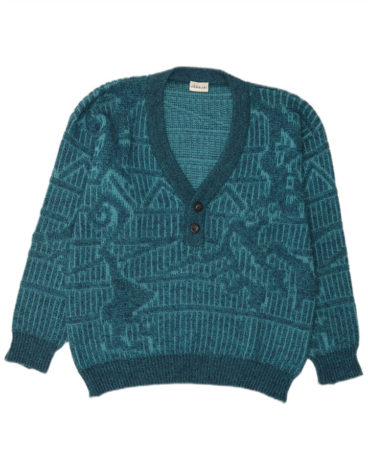 Ferrari Herren-Pullover mit abstraktem Muster und V-Ausschnitt, mittelblau, geometrisch