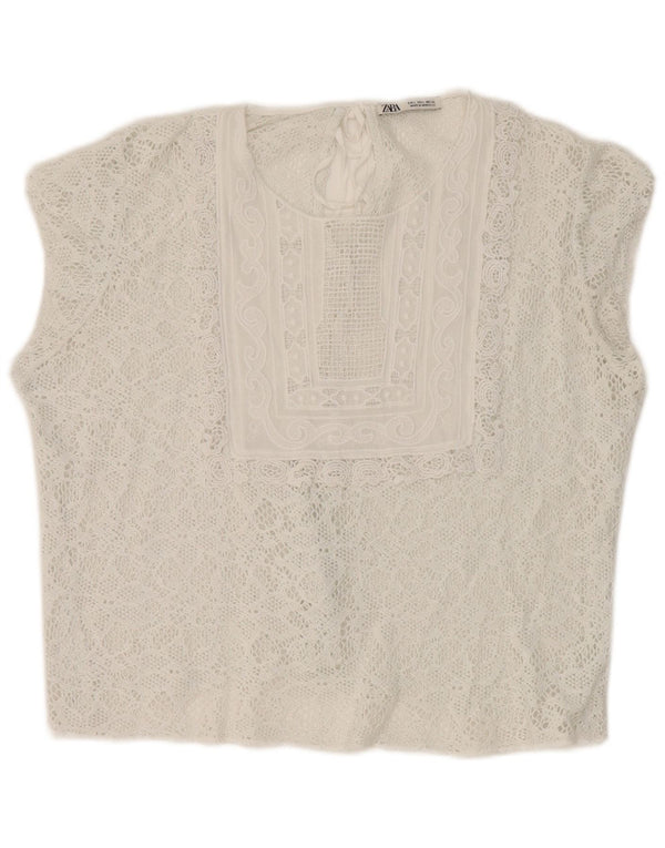 Zara Damen Crop Lace Bluse Top UK 16 Large Weiß