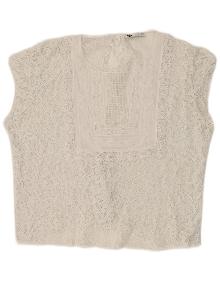 Zara Damen Crop Lace Bluse Top UK 16 Large Weiß