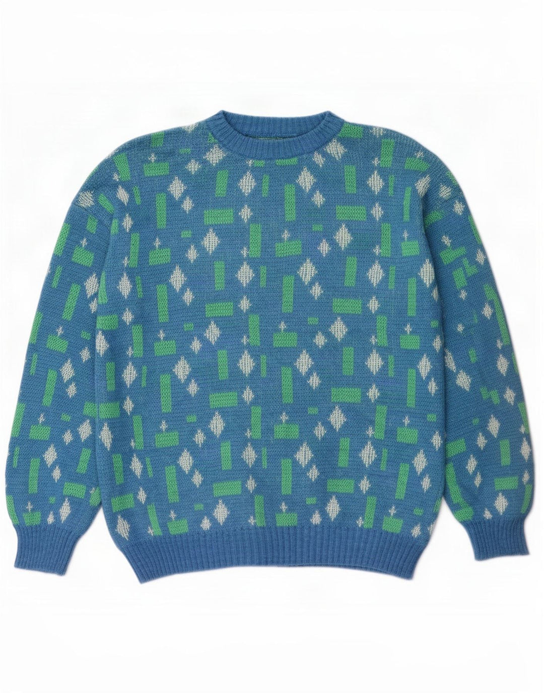 Vintage Herren Pullover mit Rundhalsausschnitt, groß, blau, geometrisch