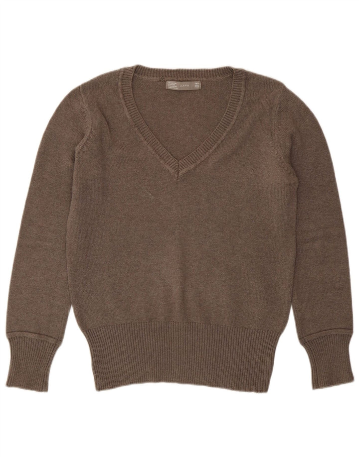 Zara Damen Pullover mit V-Ausschnitt, UK 14, Mittelbraun