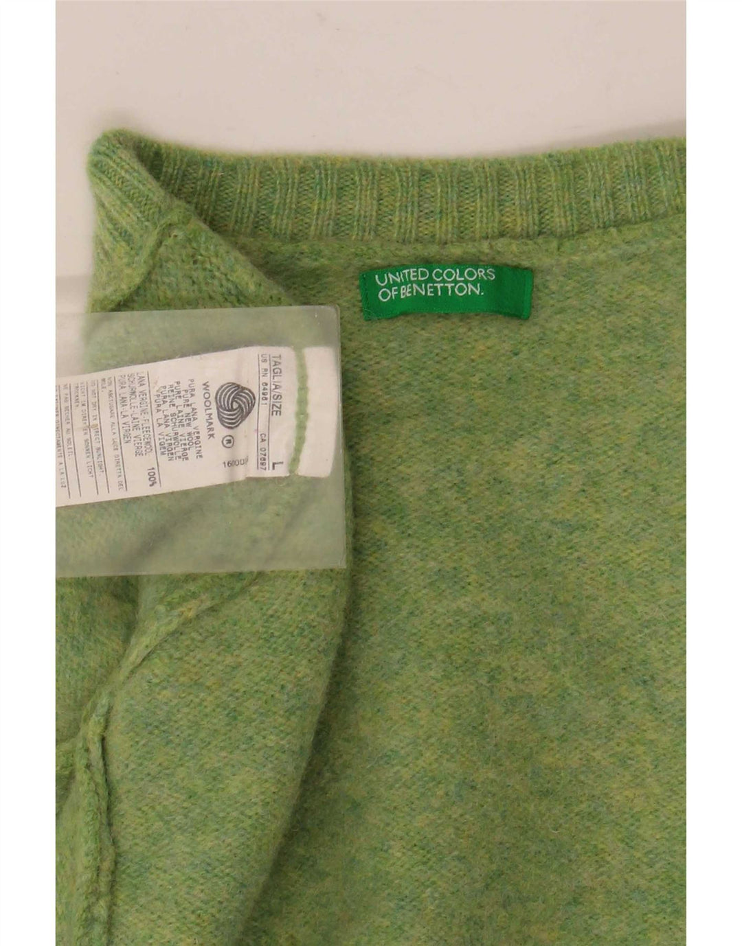 Benetton Damen-Pullover mit Rundhalsausschnitt, UK 16, Größe L, grüne Wolle