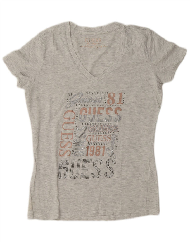 Guess Grafik-T-Shirt-Oberteil für Damen, UK 14, Mittelgrau meliert