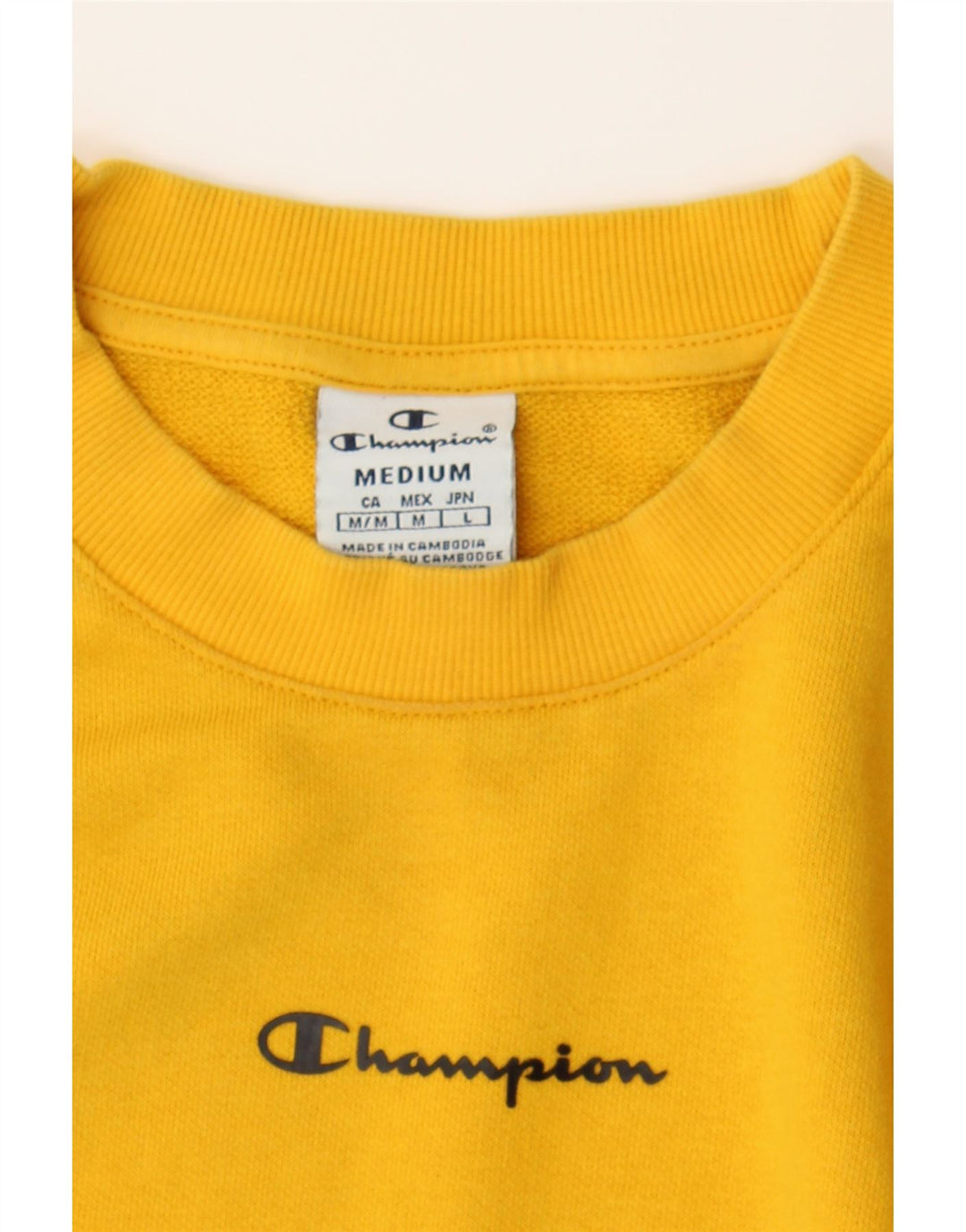 CHAMPION Womens Crop Sweatshirt Jumper UK 14 Medium Yellow Cotton Vintage Champion and Second-Hand Champion from Messina Hembry 