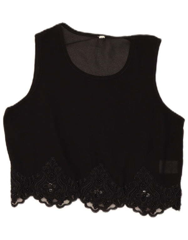Vintage Damen Crop See Through Bluse Top UK 10 Small Black Paisley