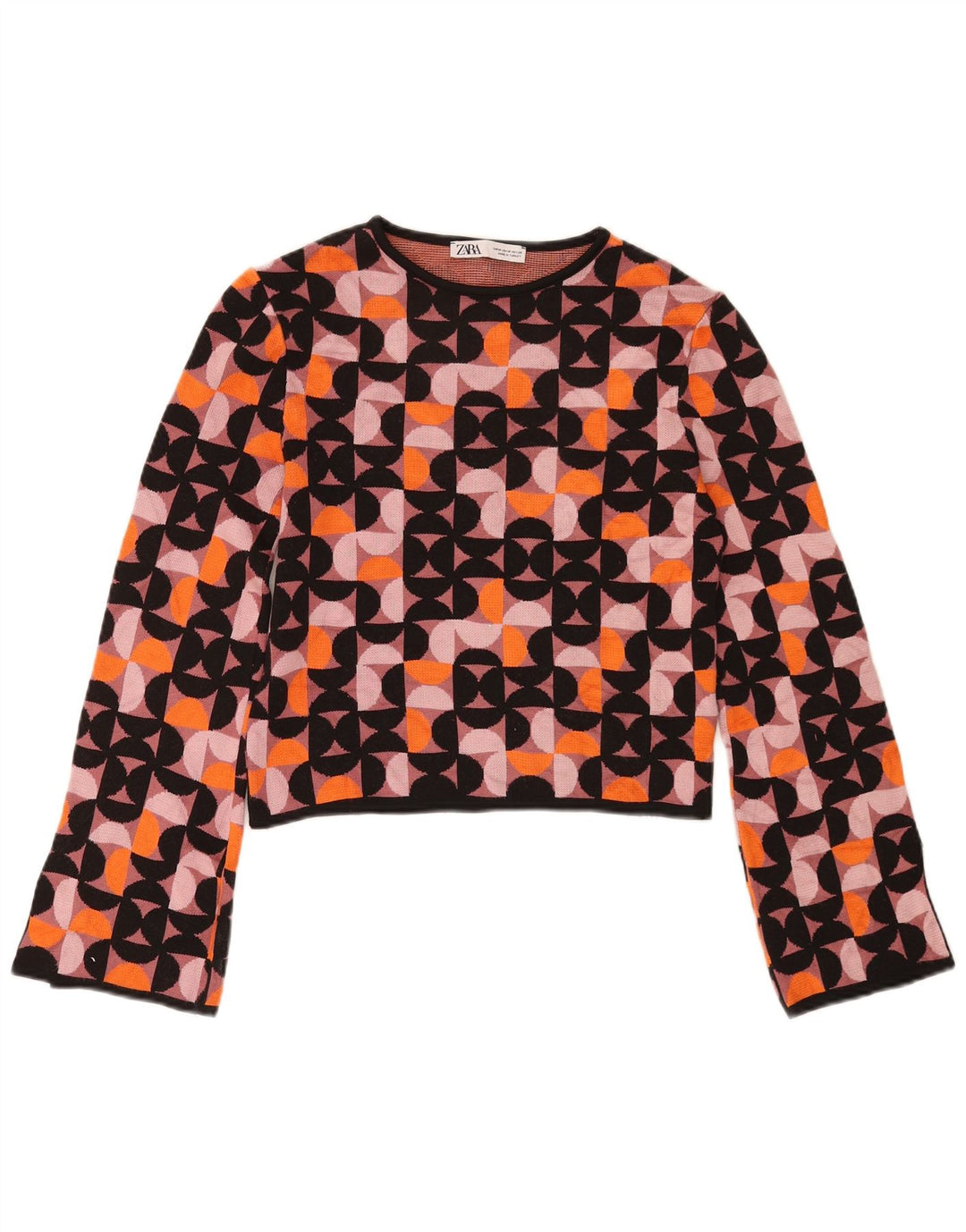 Zara Damen Crop Top Langarm UK 12 Medium Mehrfarbig Geometrisch