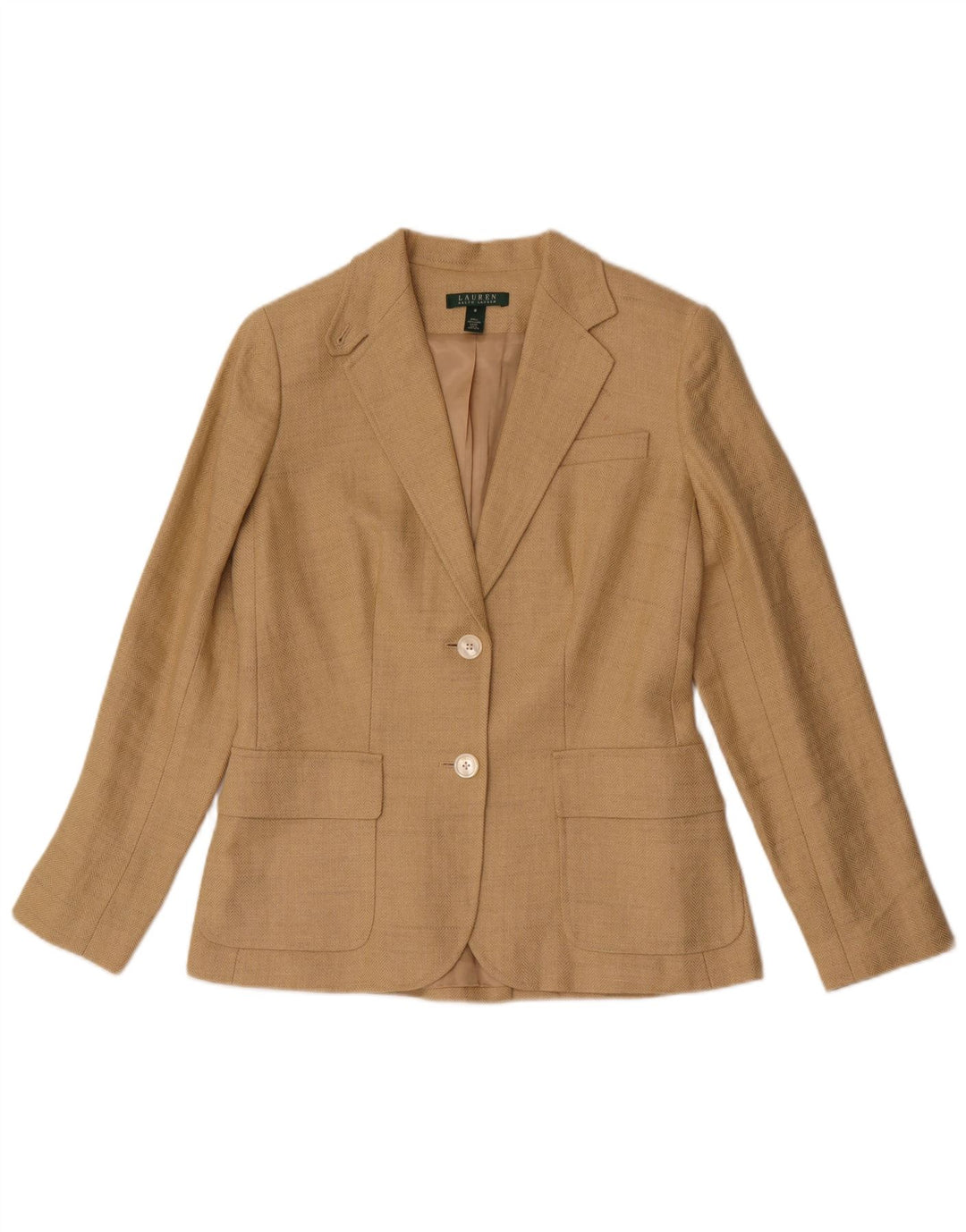 Ralph Lauren Damen-Blazer mit 2 Knöpfen, US 8, mittelbeige, Fischgrätenmuster