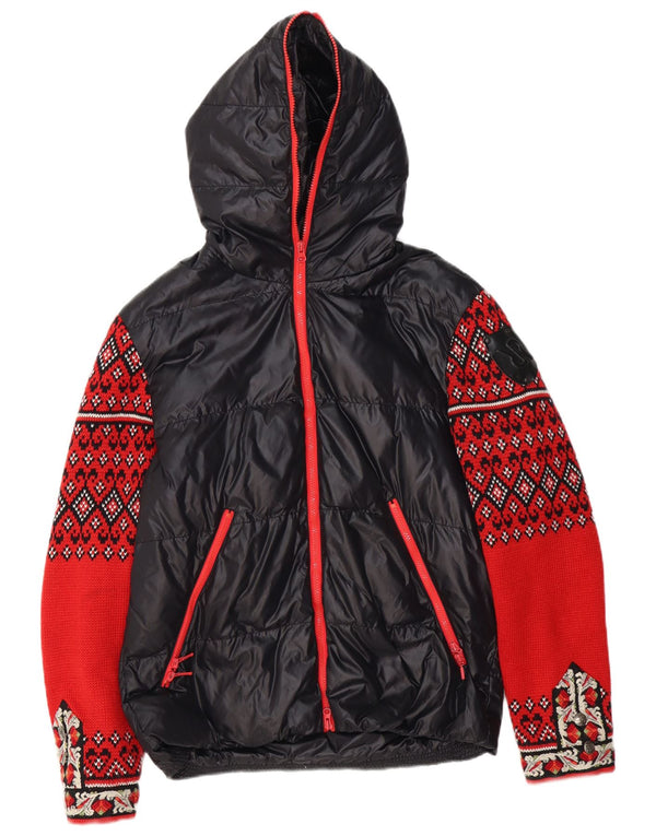 RA-RE Wattierte Damen-Strickjacke mit Kapuze, UK 16, großes, schwarzes, geometrisches Nylon
