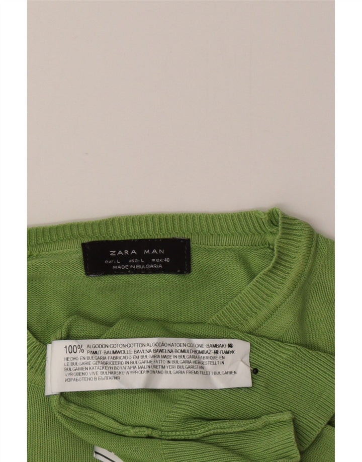 Zara Herren-Pullover mit Rundhalsausschnitt, groß, grüne Baumwolle
