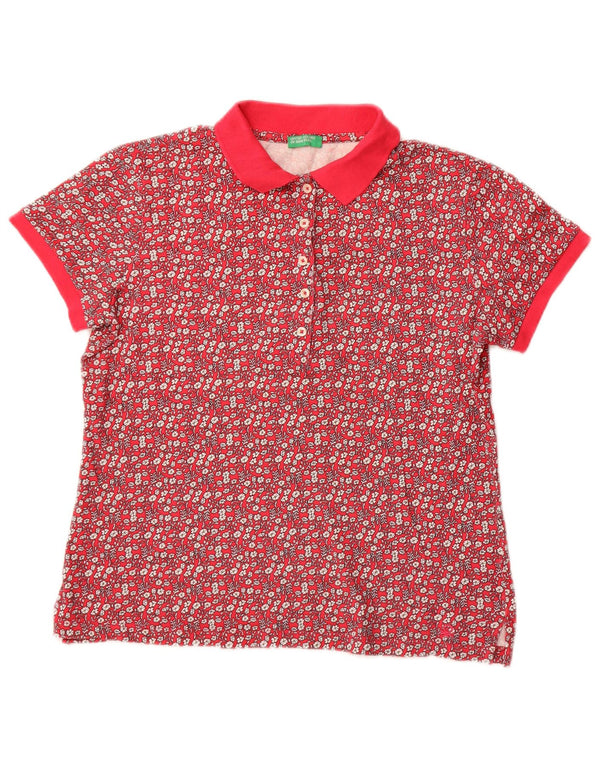 Benetton Damen-Poloshirt UK 14 Mittelrosa geblümte Baumwolle