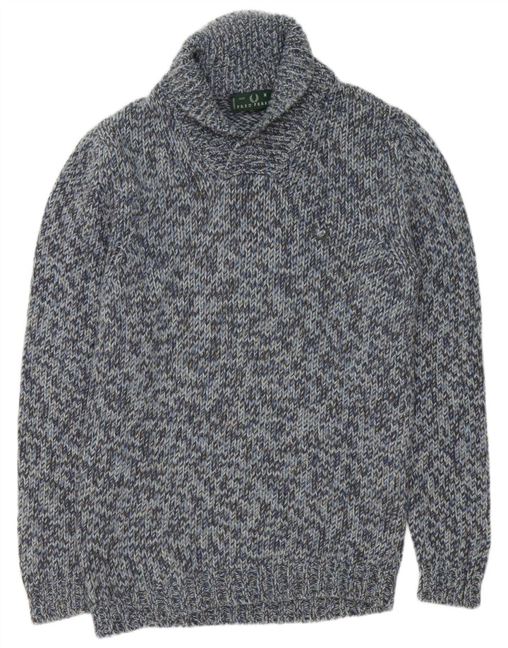 Fred Perry Herren-Pullover mit Schalkragen, mittelblau gefleckte Wolle