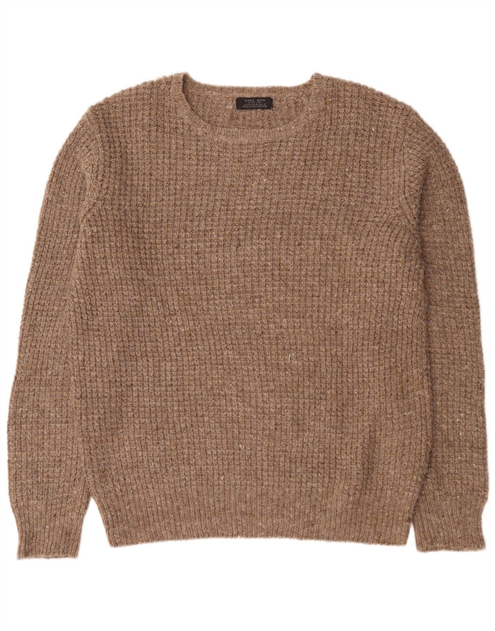 Zara Herren-Pullover mit Rundhalsausschnitt, XL, braune Wolle