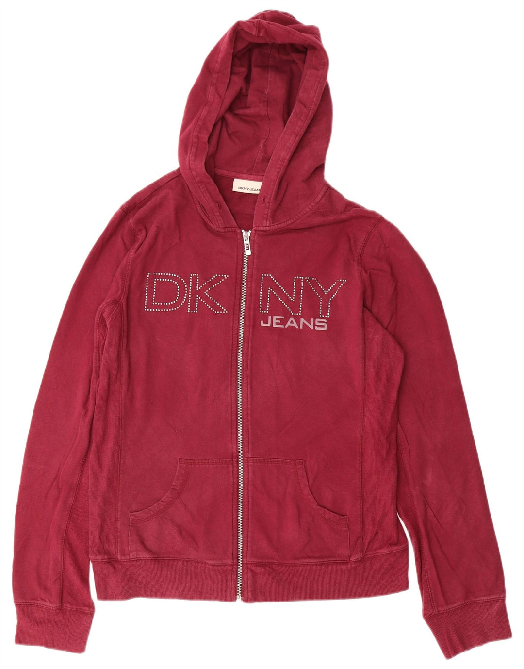DKNY Womens Graphic Zip Hoodie Sweater UK 14 Large Burgunderrot Baumwolle