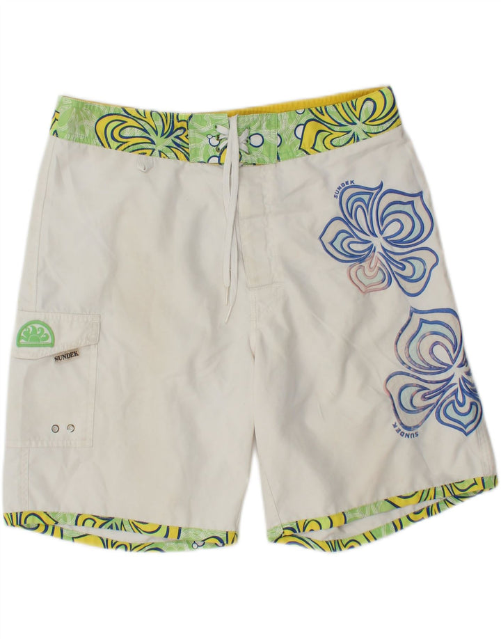 SUNDEK Mens Graphic Swimming Shorts Medium White Floral Polyester Vintage Sundek and Second-Hand Sundek from Messina Hembry 
