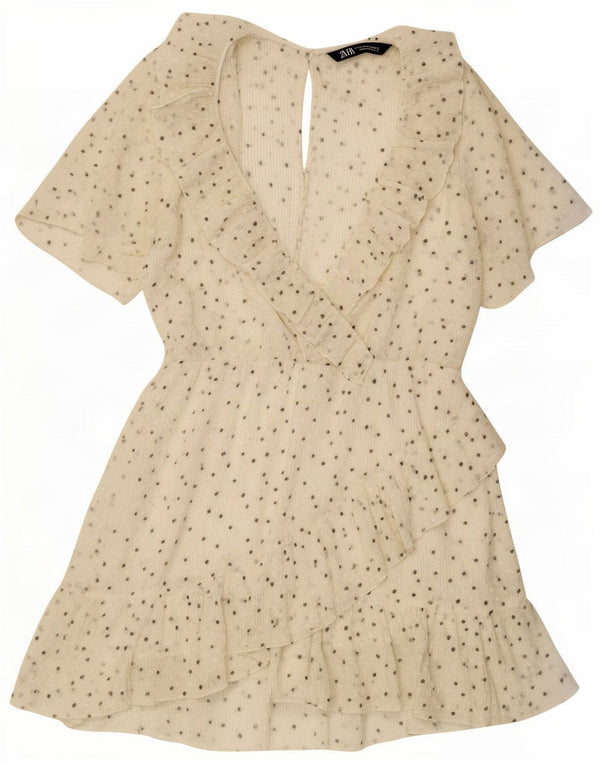Zara Damen-Stufenkleid UK 12 Medium Off White Spotted Polyester