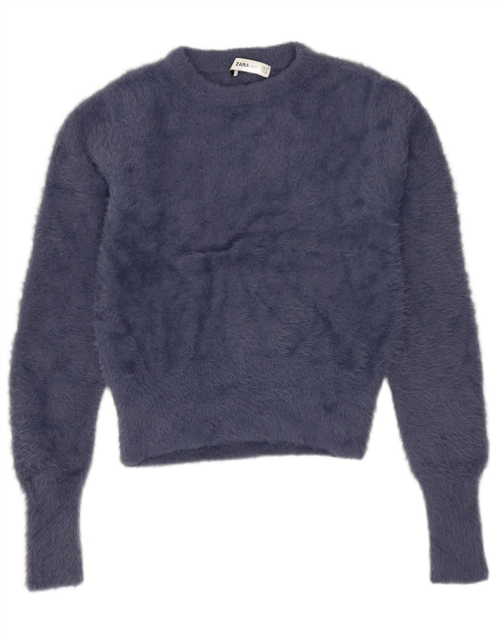 Zara Damen Crop Crew Neck Pullover Pullover UK 12 Medium Marineblau Nylon