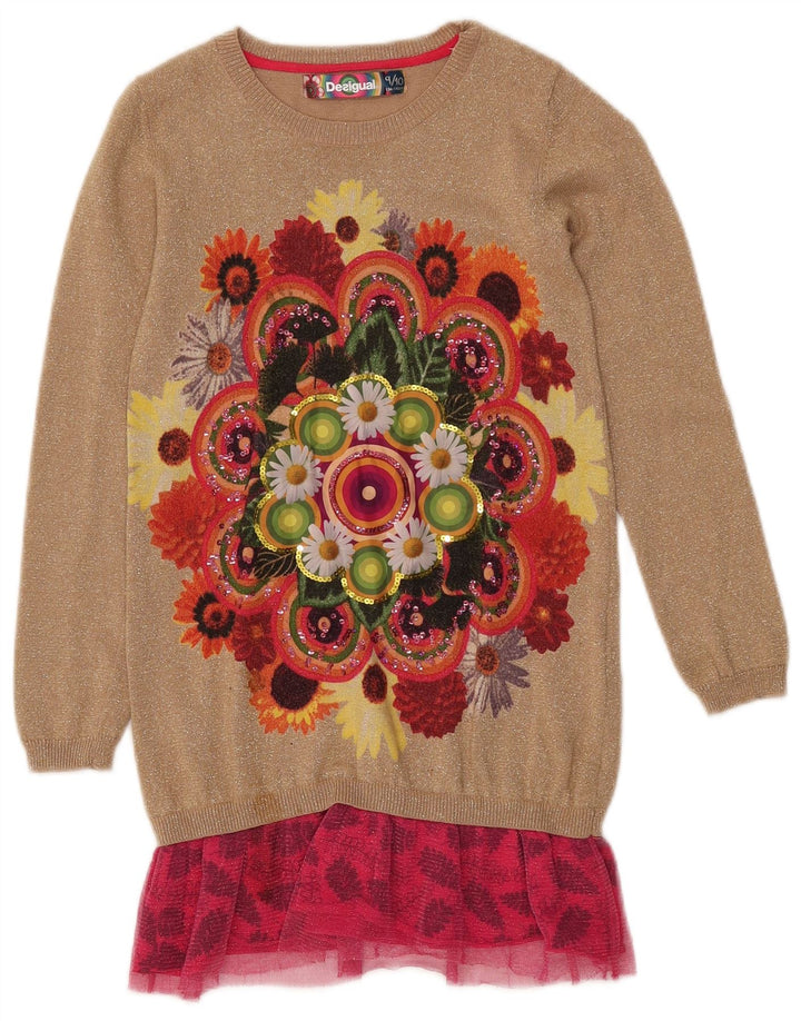 DESIGUAL Mädchen-Pulloverkleid mit Grafik, 9–10 Jahre, beige, geblümte Baumwolle