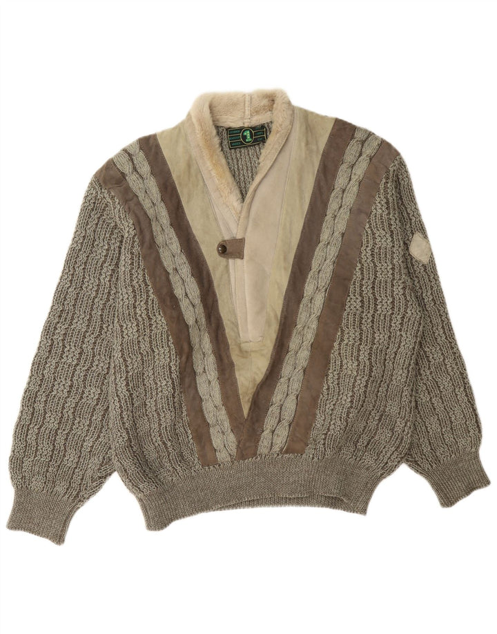 Vintage Herren-Pullover mit Schalkragen, groß, graue Farbblock-Wolle