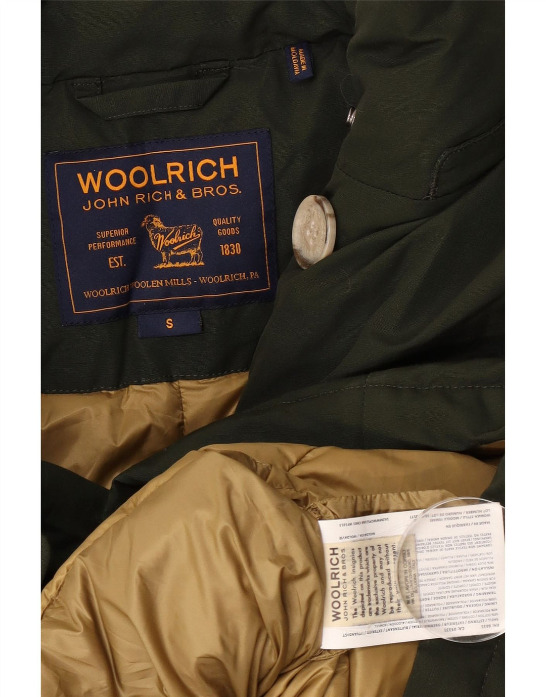 Woolrich Damen Übergroße wattierte Jacke UK 10 Small Khaki Baumwolle