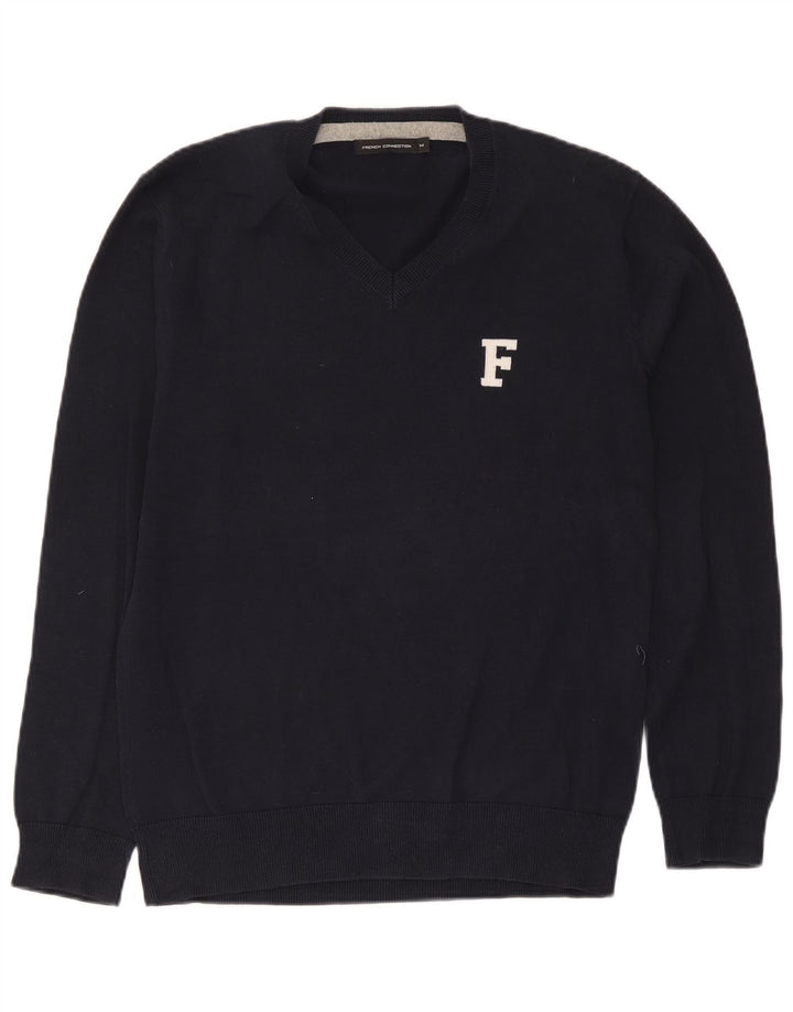 French Connection Herren-Pullover mit V-Ausschnitt aus mittelblauer Baumwolle