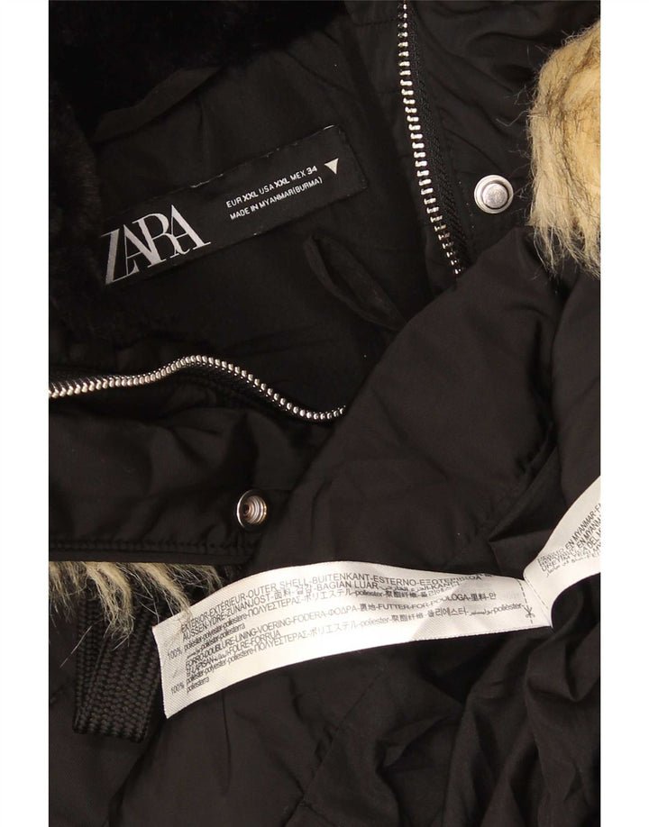 Zara Damen Wattierte Jacke mit Kapuze UK 20 2XL Schwarz Polyester