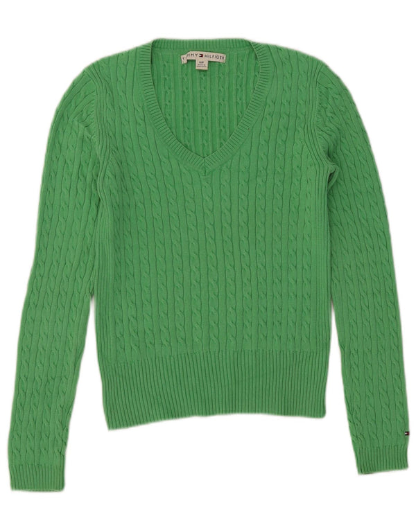 Tommy Hilfiger Damen Crop V-Ausschnitt Pullover Pullover UK 10 Small Grüne Baumwolle