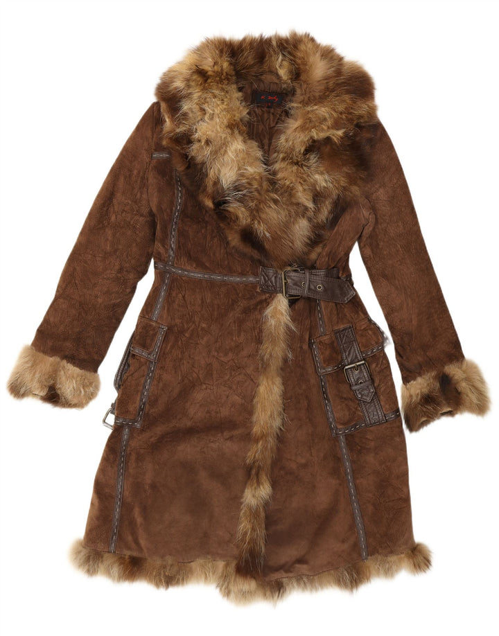 Rene Derhy Damen Wildlederpelzmantel UK 14 Mittelbraunes Leder