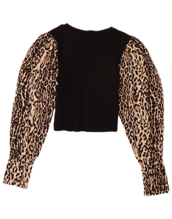 Zara Damen-Langarm-Crop-Top, Größe S, Schwarz, Animal-Print, Polyester