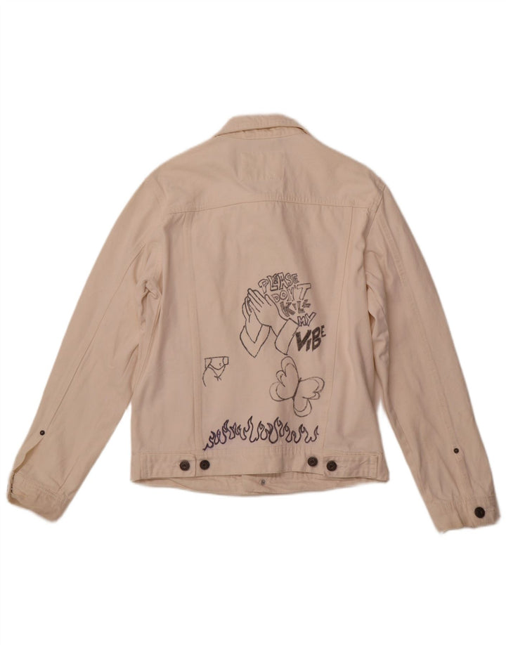 ALCOTT Damen-Jeansjacke mit Grafik, UK 1O, Größe S, weiße Baumwolle