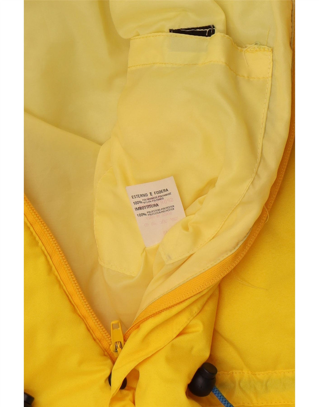 Wattierte Vintage-Herrenjacke mit Kapuze, IT 48, mittelgelbes Colourblock-Polyamid