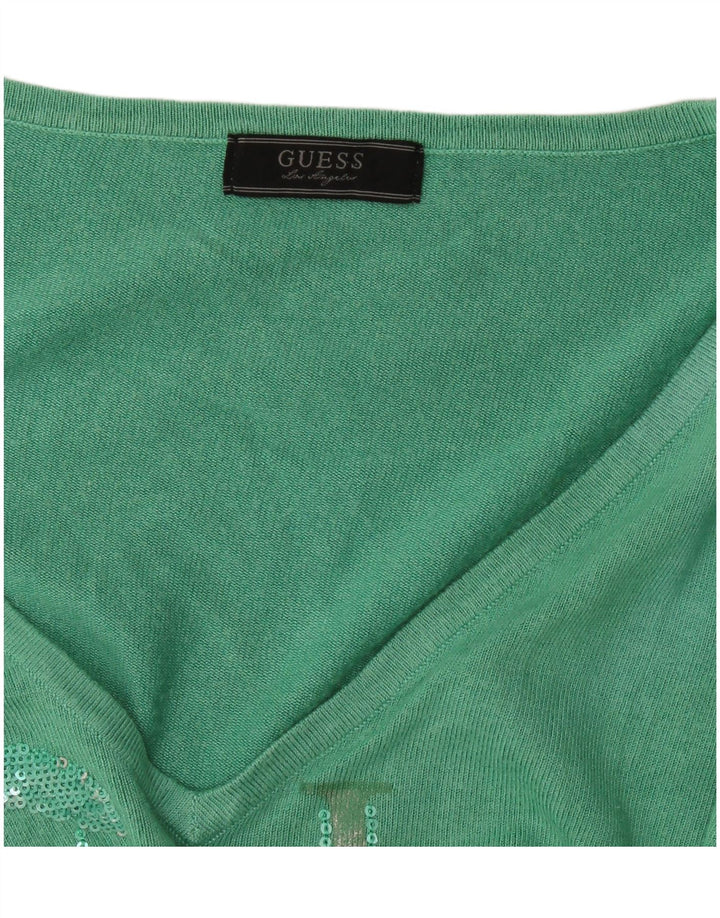 Guess Damen-Pullover mit grafischem V-Ausschnitt, Gr. 12, Mittelgrün