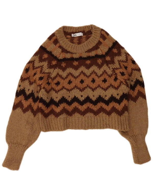Zara Damen Crop-Pullover mit U-Boot-Ausschnitt, Gr. 10, klein, braun, geometrisch