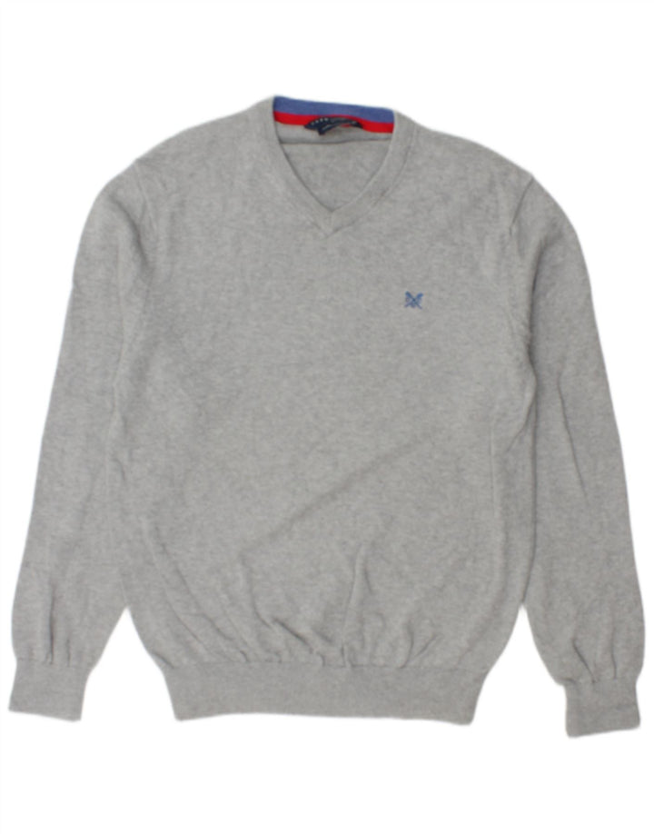 CREW CLOTHING Herren-Pullover mit V-Ausschnitt, mittelgrau gesprenkelte Baumwolle