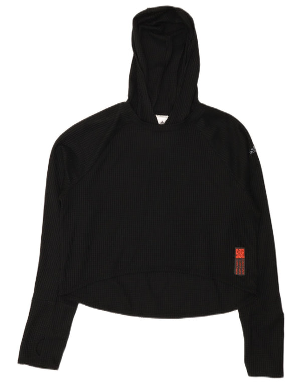Adidas Damen Crop Hooded Top Langarm UK 12/14 Medium Schwarz Colourblock
